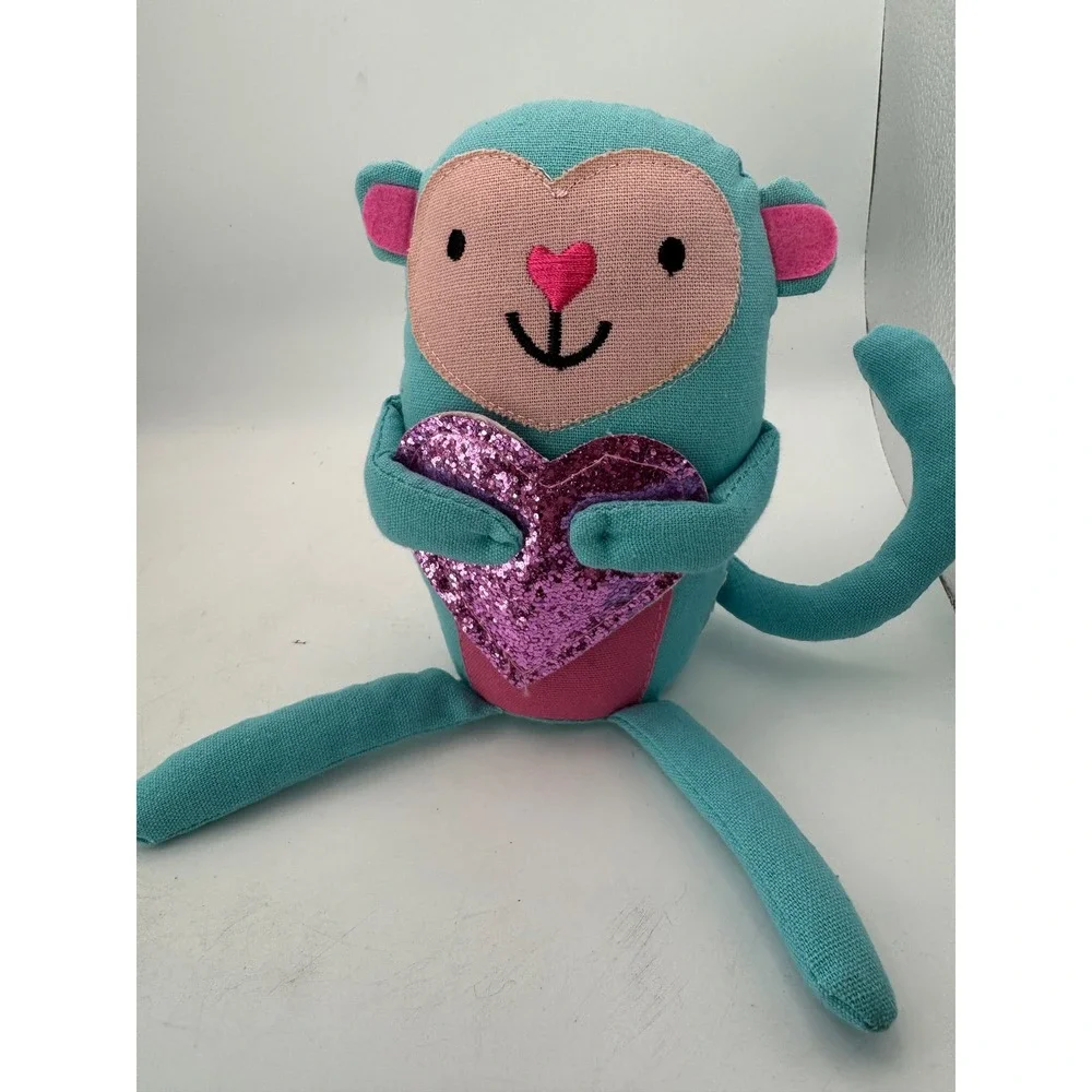 Cute Teal Monkey Plush Stuffed Animal‎ Glitter Heart Valentine Love